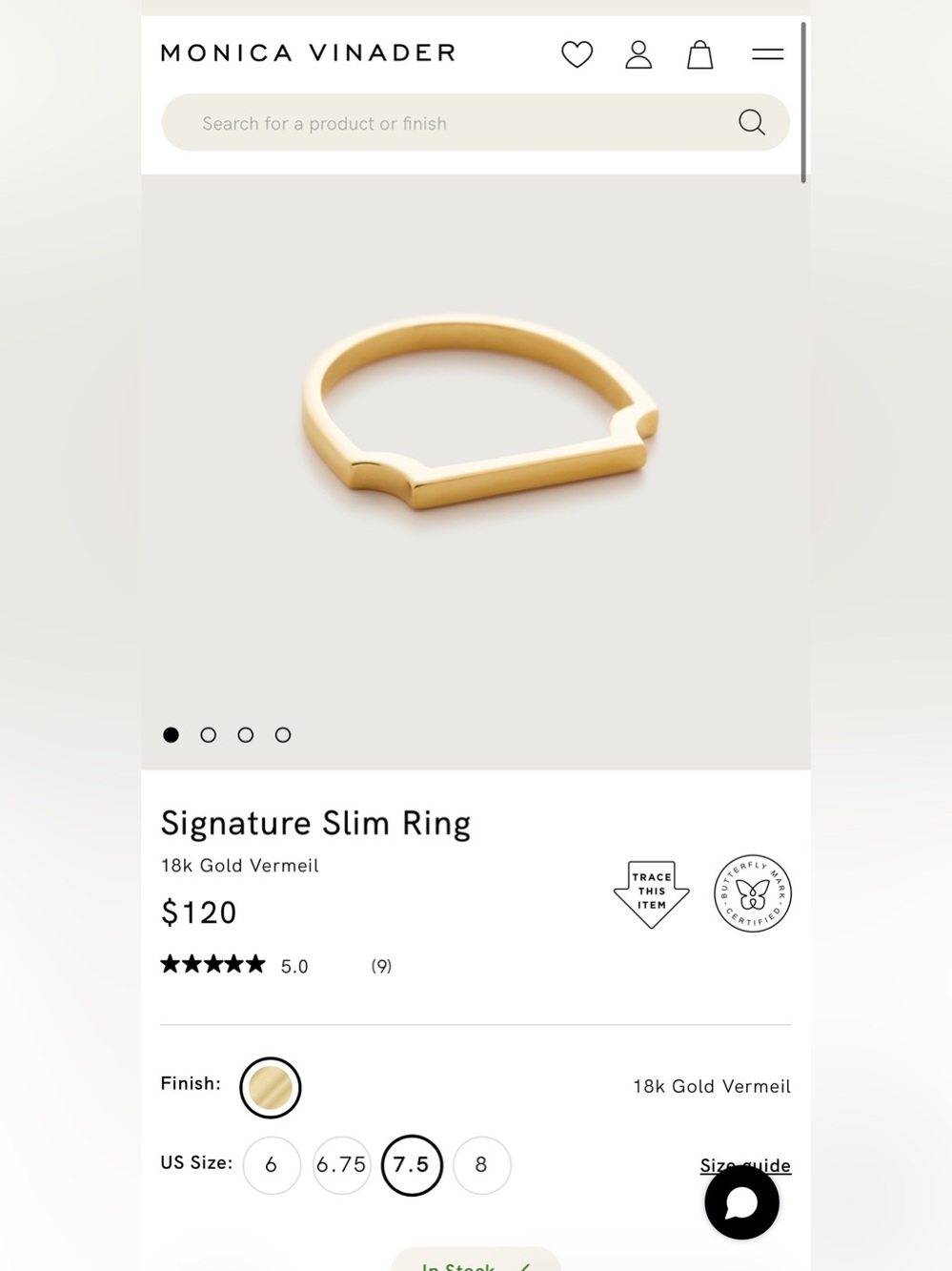 NWT Monica Vinader 18k Gold Vermeil Slim Stackable Ring